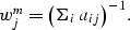 \begin{displaymath}
w_{j}^{m} = 
\left(\Sigma_{i} \; a_{ij}\right)^{-1}.\end{displaymath}