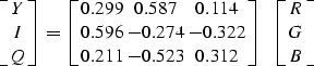 \begin{displaymath}
 \left[
 \matrix { Y \cr I \cr Q}
 \right]
 =
 \left[
 \matr...
 ...312 }
 \right]
 \ \ 
 \left[
 \matrix { R \cr G \cr B}
 \right]\end{displaymath}