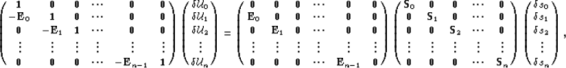 \begin{eqnarray}
\left(\matrix {
 {{\bf 1}} & {\bf 0}& {\bf 0}&\cdots& {\bf 0}& ...
 ...s_1\cr \delta s_2\cr\vdots\cr \delta s_n \cr
} \right),
\nonumber \end{eqnarray}