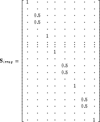 \begin{displaymath}
\bold S_{irreg} =
\left[ 
\begin{array}
{cccccccc}
 1 & \cdo...
 ... \cdot & \cdot & \cdot & \cdot & \cdot & 1 \end{array} \right] \end{displaymath}
