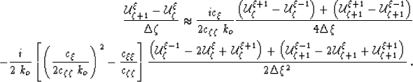 \begin{eqnarray}
\frac{\mathcal{U}^{\xi} _{\zeta+1}-\mathcal{U}^{\xi} _{\zeta}}{...
 ..._{\zeta+1}+\mathcal{U}^{\xi+1}_{\zeta+1}\right)}{2\Delta\xi^2} \;.\end{eqnarray}