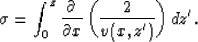 \begin{displaymath}
\sigma = \int_0^z \frac{\partial}{\partial x}\left
 (\frac{2}{v(x,z')}\right ) dz'.\end{displaymath}