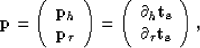 \begin{displaymath}
{\bf p} = \left ( \begin{array}
{c}
 {\bf p}_h \\  {\bf p_\t...
 ...l_h \bf{t_s} \\  \partial_\tau \bf{t_s} 
 \end{array} \right ),\end{displaymath}