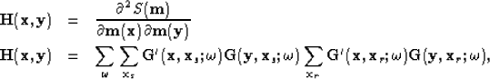 \begin{eqnarray}
{\bf H}({\bf x},{\bf y})&=&
\frac{\partial^2{S({\bf m})}}{\par...
 ...'}({\bf x},{\bf x}_r;\omega) {\bf G}({\bf y},{\bf x}_r;\omega),

\end{eqnarray}