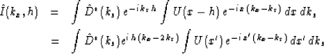 \begin{eqnarray}
\nonumber
\hat{I}(k_x,h) & = & \int\hat{D}^*(k_s)\, e^{-i\,k_s\...
 ...\,h\,(k_x-2\,k_s)} 
 \int U(x')\,e^{-i\,x'\,(k_x-k_s)}\,d x'\,dk_s\end{eqnarray}