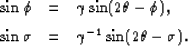 \begin{eqnarray}
\sin\phi & = & \gamma \sin(2\theta - \phi),
\ \sin\sigma & = & \gamma^{-1} \sin(2\theta - \sigma).\end{eqnarray}
