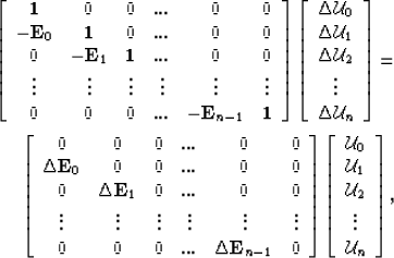 \begin{eqnarray}
\left[ \begin{array}
{cccccc}
\mathbf{1} & 0 & 0 & ... & 0 & 0 ...
 ...{\mathcal U}_2 \\ \vdots \\ {\mathcal U}_n\end{array}\right], & \,\end{eqnarray}