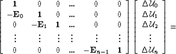 \begin{displaymath}
\left[ \begin{array}
{cccccc}
\mathbf{1} & 0 & 0 & ... & 0 &...
 ...\ \vdots \\ \Delta {\mathcal U}_n\end{array}\right] = \nonumber\end{displaymath}