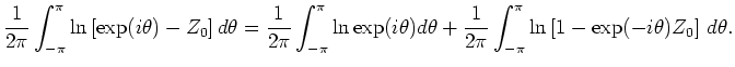 $\displaystyle -\frac{1}{2\pi i}\int_{-\pi}^\pi \theta d\theta = 0,$