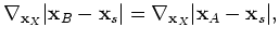 $\displaystyle \nabla_{\mathbf{x}_c} \vert\mathbf{x}_B - \mathbf{x}_s\vert = \nabla_{\mathbf{x}_c} \vert\mathbf{x}_A - \mathbf{x}_s\vert.$