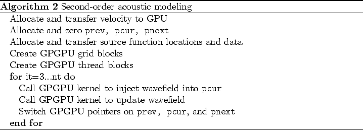 \begin{algorithm}
% latex2html id marker 108\par
\caption{Second-order acousti...
...nd time derivatives to form {\tt pnew}
\ENDFOR
\end{algorithmic}\end{algorithm}