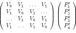 \begin{displaymath}\left(
\begin{array}{ccccc}
W_0 & W_1 & \dots & W_1 \\
W_1 &...
...1 \\
P^{t-1}_2 \\
P^{t-1}_3 \\
P^{t-1}_4
\end{array}\right),\end{displaymath}