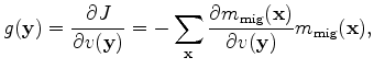 $ \frac{\partial m_{\rm mig}({\bf x})}{\partial v({\bf y})}$