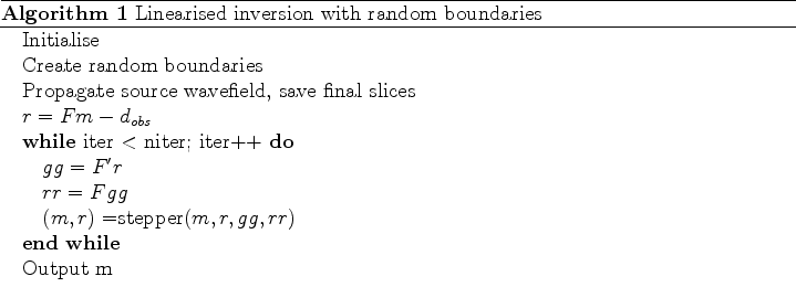 \begin{algorithm}
% latex2html id marker 64\caption{Linearised inversion with ...
...pper$(m,r,gg,rr)$}
\ENDWHILE
\STATE{Output m}
\end{algorithmic}\end{algorithm}