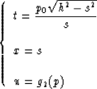 \begin{displaymath}
\left \{ \begin{array}
{l}
\displaystyle{ t= { {p_0\sqrt{h^2...
...yle{ x= s} \\ \\ \displaystyle{ u=g_2(p)}\\ \end{array} \right.\end{displaymath}
