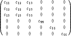 \begin{displaymath}
\pmatrix{c_{11}&c_{12}&c_{13}&0&0&0\cr
c_{12}&c_{22}&c_{23}...
... 0&0&0&c_{44}&0&0\cr
0&0&0&0&c_{55}&0\cr
0&0&0&0&0&c_{66}\cr}\end{displaymath}