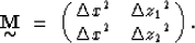 \begin{displaymath}
\displaystyle \mathop{\mbox{\bf M}}_{\mbox{$\sim$}}\ =\ \pma...
 ...ta x}^2 & {\Delta z_1}^2 \cr
 {\Delta x}^2 & {\Delta z_2}^2 }. \end{displaymath}