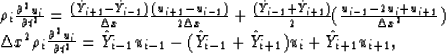 \begin{eqnarraystar}
\rho_i {\partial^2 u_i \over \partial t^2} & = & {( \hat{Y}...
 ...- (\hat{Y}_{i-1} + \hat{Y}_{i+1}) u_i + \hat{Y}_{i+1} u_{i+1},\end{eqnarraystar}