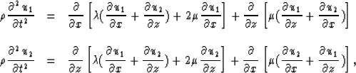 \begin{displaymath}
\begin{array}
{lll}
\rho \displaystyle{\partial^2 u_1 \over ...
 ...displaystyle{\partial u_1 \over \partial z})\right],\end{array}\end{displaymath}