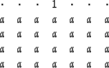 \begin{displaymath}
\begin{array}
{ccccccc}
 \cdot &\cdot &\cdot &1 &\cdot &\cdo...
 ... &a \\  a &a &a &a &a &a &a \\  a &a &a &a &a &a &a \end{array}\end{displaymath}