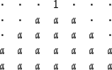 \begin{displaymath}
\begin{array}
{ccccccc}
 \cdot &\cdot &\cdot &1 &\cdot &\cdo...
 ...dot \\  a &a &a &a &a &a &a \\  a &a &a &a &a &a &a \end{array}\end{displaymath}