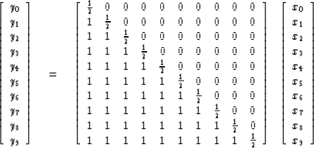 \begin{displaymath}
\left[
 \begin{array}
{c}
 y_0 \\  y_1 \\  y_2 \\  y_3 \\  y...
 ...  x_5 \\  x_6 \\  x_7 \\  x_8 \\  x_9 \\  \end{array} \right]
 \end{displaymath}