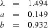 \begin{displaymath}
\begin{array}
{lcl}
 \lambda & = & 1.494 \\  a & = & 0.149 \\  b & = & 0.932
 \end{array}\end{displaymath}
