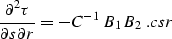 \begin{displaymath}
{\partial^2 \tau \over \partial s^2} = 
{\partial^2 \tau_1 \over \partial s^2} -
C^{-1}\,B_1^2\;;
\EQNLABEL{cs2} \end{displaymath}