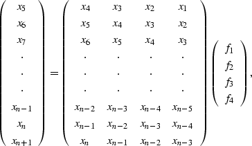 \begin{displaymath}
\left(
\begin{array}
{c}
 x_5 \\  x_6 \\  x_7 \\  \cdot \\  ...
 ...gin{array}
{c}
 f_1 \\  f_2 \\  f_3 \\  f_4\end{array} \right),\end{displaymath}