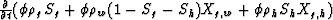 $\frac{\partial }{\partial t} (\phi \rho_g S_g + \phi \rho_w (1-S_g-S_h) X_{g,w} + \phi \rho_h S_h X_{g,h})$