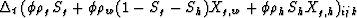 $\Delta_t \: (\phi \rho_g S_g + \phi \rho_w (1-S_g-S_h) X_{g,w}+ \phi \rho_h S_h X_{g,h})_{ijk}$