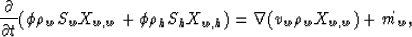 \begin{displaymath}
\frac{\partial }{\partial t} (\phi \rho_w S_w X_{w,w} + \phi \rho_h S_h X_{w,h}) = \nabla (v_w \rho_w X_{w,w}) + \dot{m_w},\end{displaymath}