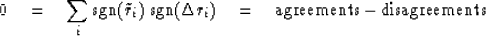 \begin{displaymath}
0 \quad =\quad\sum_i \mbox{sgn}(\tilde r_i)\;\mbox{sgn}(\Delta r_i)
 \quad =\quad\mbox{agreements} -
 \mbox{disagreements}\end{displaymath}