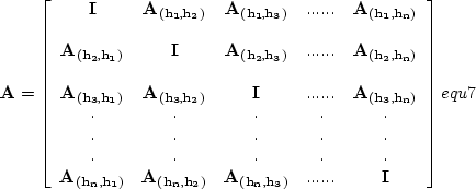 \begin{displaymath}
{\bf A}= \left[ 
 \begin{array}
{ccccc}
\bf I & \bf A_{(h_1,...
 ...h_n,h_3)} &...... & \bf I
 \end{array} \right] 
\EQNLABEL{equ7}\end{displaymath}