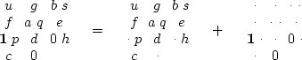\begin{displaymath}
\begin{array}
{ccccc}
 \begin{array}
{ccc}
 u & g & b \
 s &...
 ...\
 \cdot &\cdot & 0 \
 \cdot &\cdot & 0
 \end{array}\end{array}\end{displaymath}