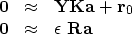 \begin{displaymath}
\begin{array}
{lll}
\bold 0 &\approx& \bold Y \bold K \bold ...
 ...d r_0 \\ \bold 0 &\approx& \epsilon\ \bold R \bold a\end{array}\end{displaymath}