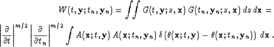 \begin{eqnarray}
 W (t, \bold{y}; t_n, \bold{y}_n) = \int\!\!\int
 G (t, \bold{y...
 ...{y} ) -
 \theta(\bold{x};t_n,\bold{y}_n) \right) \,
 d \bold{x}\;.\end{eqnarray}