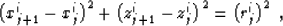 \begin{displaymath}
\left(x_{j+1}^i-x_j^i\right)^2 +
\left(z_{j+1}^i-z_j^i\right)^2 = \left(r_j^i\right)^2\;,\end{displaymath}