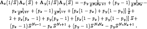 \begin{eqnarray}
\nonumber
& \bold{A}_x (1/Z) \bold{A}_x (Z) + \bold{A}_y (1/Z)...
...p_x Z^{N_t + 1} + (p_y - 1) Z^{N_t N_x}
- p_y Z^{N_t N_x + 1}\;. &\end{eqnarray}