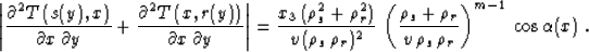 \begin{displaymath}
\left\vert{{\partial^2 T\left(s(y),x\right)} 
\over {\partia...
 ...r} \over {v\,\rho_s\,\rho_r}}\right)^{m-1}
\,\cos{\alpha(x)}\;.\end{displaymath}