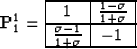 \begin{displaymath}
\bold{P}_1^1 =
\begin{array}
{\vert c\vert c\vert}
\hline...
... \hline
\frac{\sigma-1}{1+\sigma} & -1 \ \hline
\end{array}\end{displaymath}