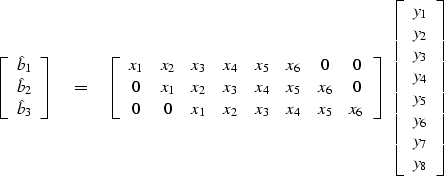 \begin{displaymath}
\left[ 
\begin{array}
{c}
\hat b_1 \\  
\hat b_2 \\  
\hat b...
 ..._4 \\  
 y_5 \\  
 y_6 \\  
 y_7 \\  
 y_8
 \end{array} \right]\end{displaymath}