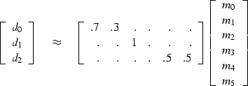\begin{displaymath}
\left[ 
\begin{array}
{c}
 d_0 \\  
 d_1 \\  
 d_2 
 \end{ar...
 ...m_1 \\  
 m_2 \\  
 m_3 \\  
 m_4 \\  
 m_5
 \end{array}\right]\end{displaymath}