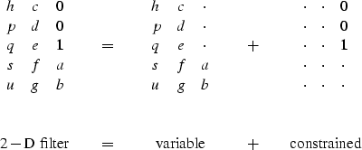 \begin{displaymath}
\begin{array}
{ccccc}
 \begin{array}
{ccc}
 h & c & 0 \\  p ...
 ...&
 {\rm variable}
 &\quad +\quad&
 {\rm constrained}\end{array}\end{displaymath}