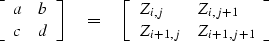 \begin{displaymath}
\left[
 \begin{array}
{ll}
 a & b \\  c & d
 \end{array} \ri...
 ...j} & Z_{i,j+1} \\  Z_{i+1,j} & Z_{i+1,j+1}
 \end{array} \right]\end{displaymath}