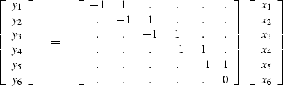 \begin{displaymath}
\left[ \begin{array}
{c}
 y_1 \\  y_2 \\  y_3 \\  y_4 \\  y_...
 ..._1 \\  x_2 \\  x_3 \\  x_4 \\  x_5 \\  x_6
 \end{array} \right]\end{displaymath}