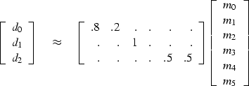 \begin{displaymath}
\left[ 
\begin{array}
{c}
 d_0 \\  
 d_1 \\  
 d_2 
 \end{ar...
 ...m_1 \\  
 m_2 \\  
 m_3 \\  
 m_4 \\  
 m_5
 \end{array}\right]\end{displaymath}