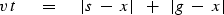 \begin{displaymath}
v\,t\ \eq \ \vert s \ -\ x \vert\ \ +\ \ \vert g \ -\ x \vert\end{displaymath}