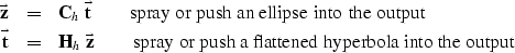 \begin{eqnarray}
\vec {\bold z} &=& \bold C_h\ \vec {\bold t}
 \quad\quad {\rm s...
 ... {\rm spray\ or\ push\ a\ flattened\ hyperbola\ into\ the\ output}\end{eqnarray}