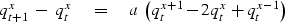 \begin{displaymath}
q_{{t+1}}^x \ -\ q_t^x \eq a\ \left( q_t^{{x+1}} - 2
q_t^x + q_t^{{x-1}} \right)\end{displaymath}